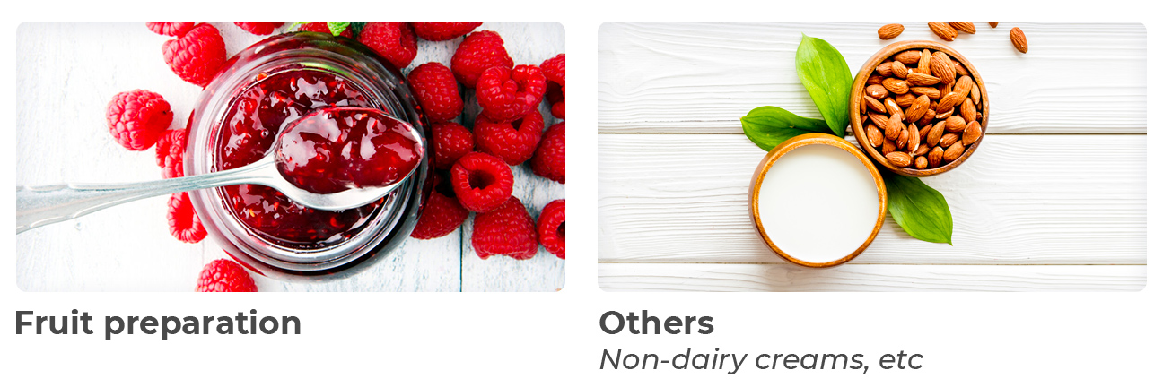 Fruit preparation and others, e.g. non-dairy cream